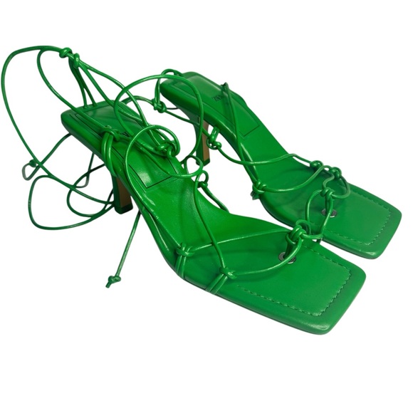 ZARA TIE STRAP HEELED SANDALS Faux Leather Strappy Ankle Lace Up‎ US 7.5 EU 38 - Picture 2 of 14